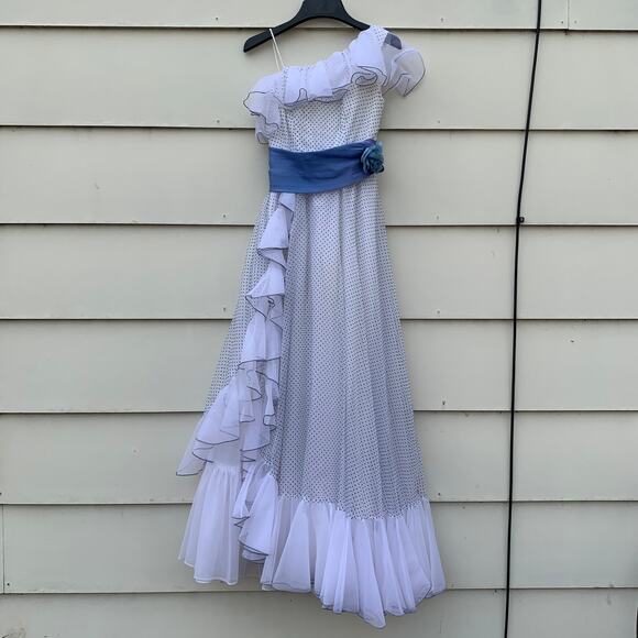 Vintage Dresses & Skirts - Vintage 70s Blue White Swiss Dot Ruffle One Shoulder Prom Dress Southern Belle